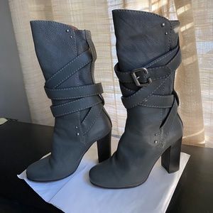 Chloe gray leather heel boots biker 36-6 slip on Italy under knee cowboy Western